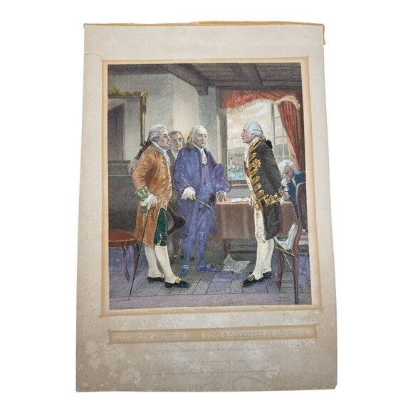 Interview Between Lord Howe & Congress Committee Hand-Colored Engraving c.1860s - Picture 1 of 4